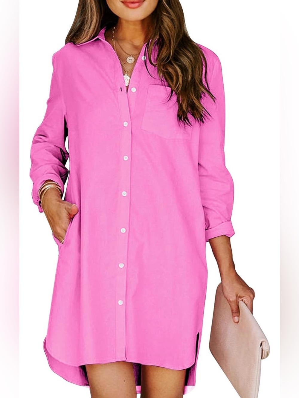 Women's Pink Button-Up Shirt Dress Large NWT